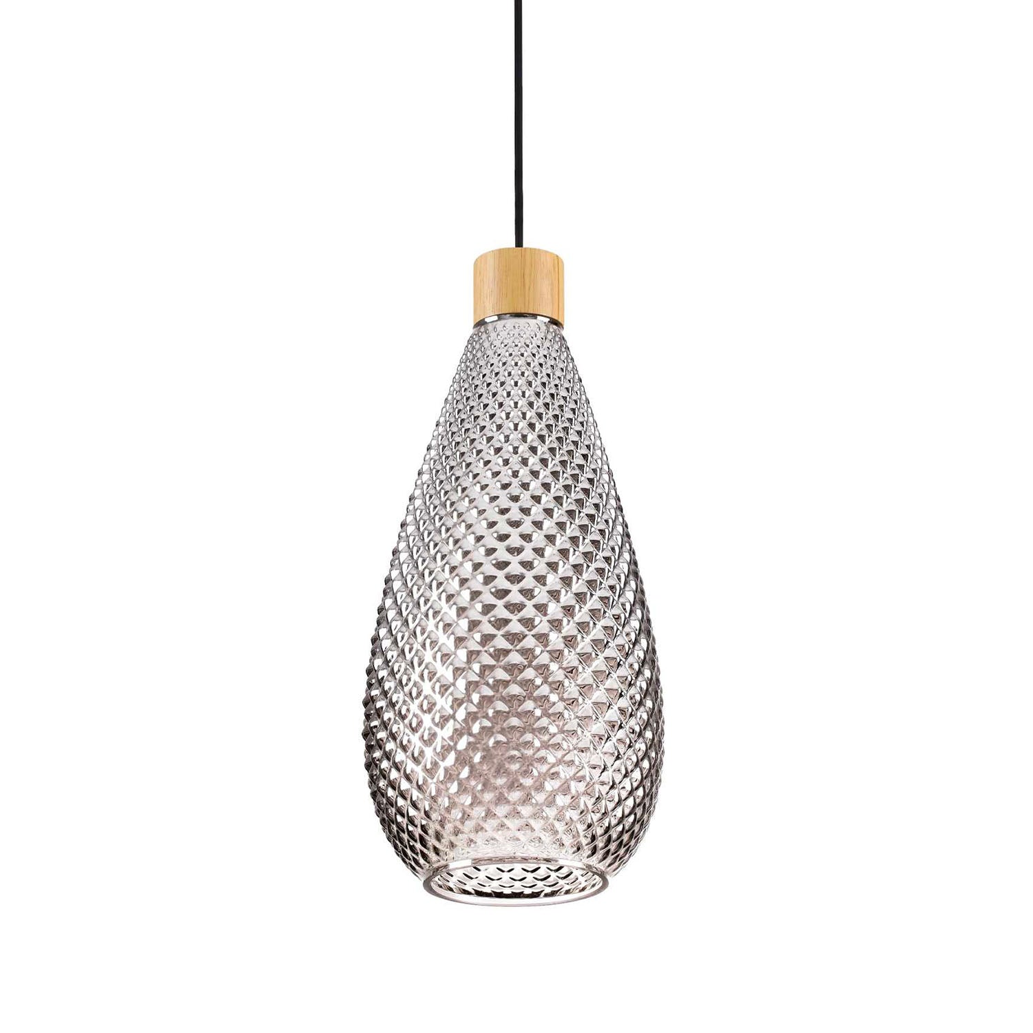 BERGEN - Vintage pendant light in smoked glass and wood