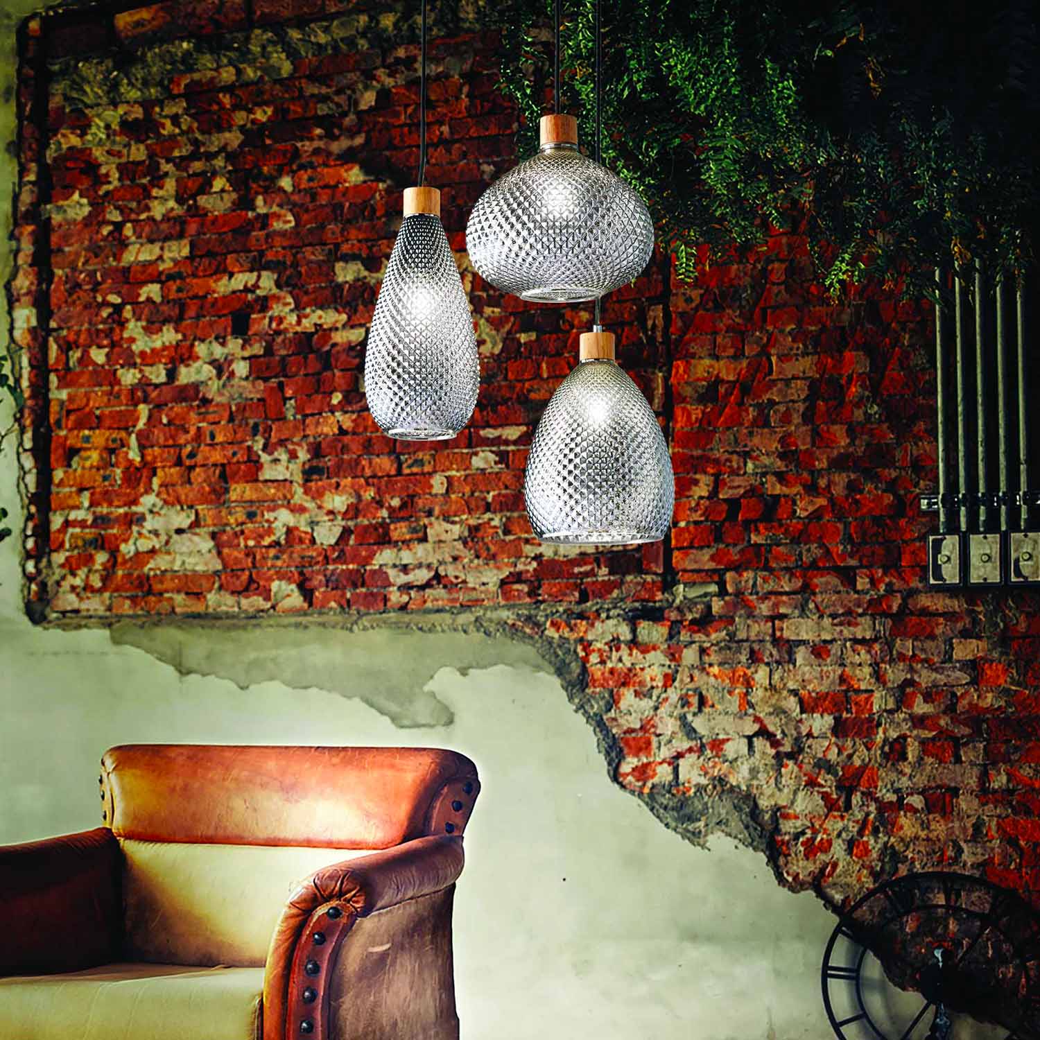 BERGEN - Wood and smoked glass pendant light with patterns