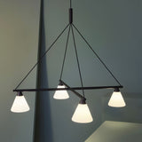 PROBE - Modern black steel chandelier, white glass cones