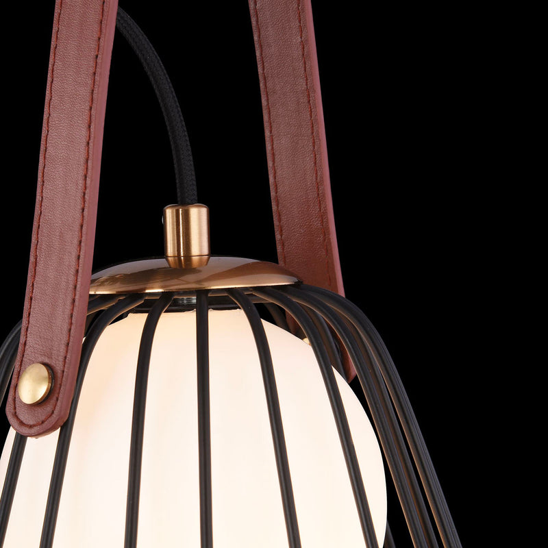 INDIANA - Cage wall lamp, with leather strap and brass finish