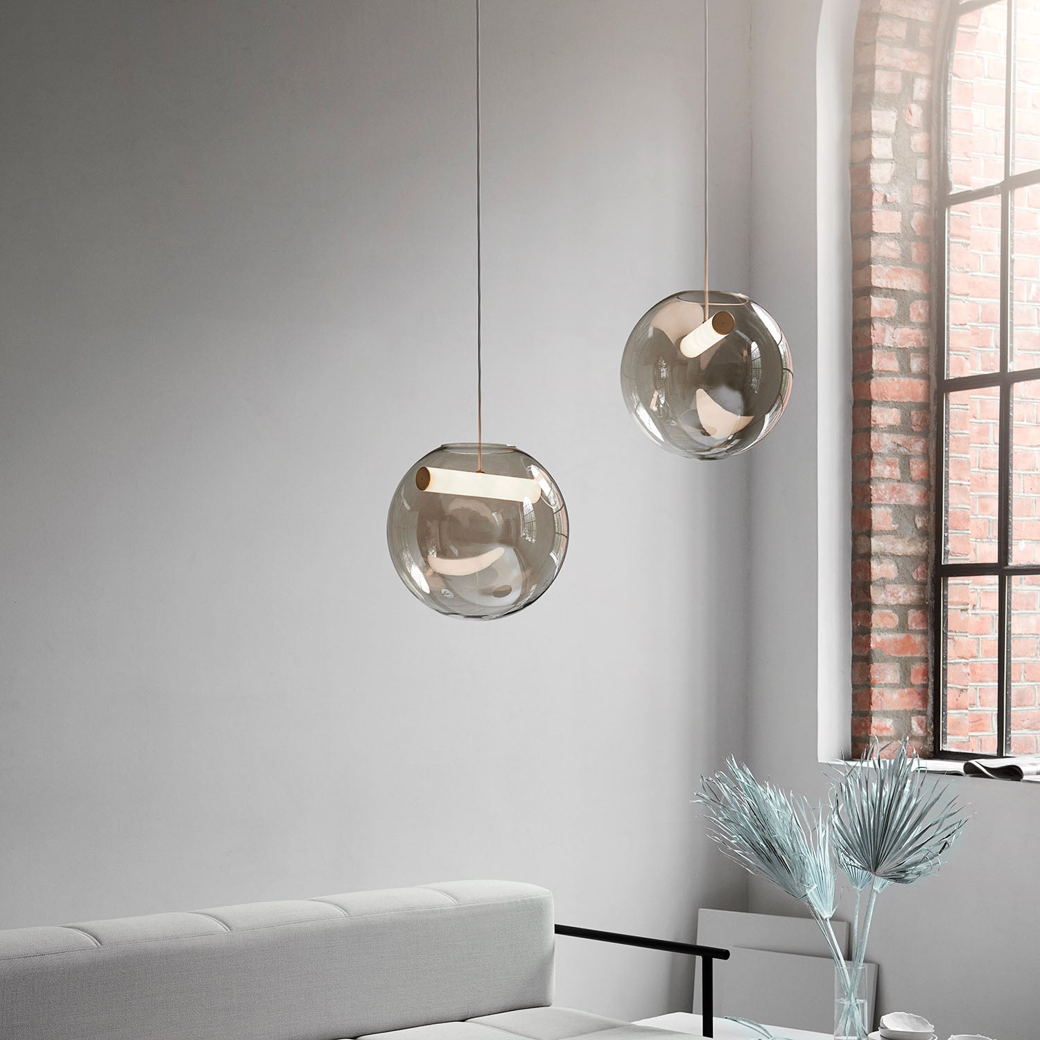 REVEAL - Smoked glass ball pendant light, integrated LED tube, Italian design
