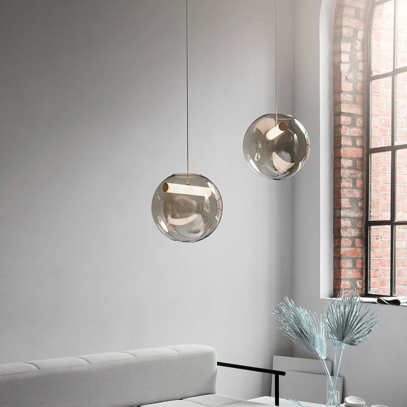 REVEAL - Smoked glass ball pendant lamp, integrated LED tube, designer creation